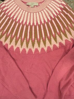 LOFT Pink Fair Isle Yoke Crewneck Sweater with Cream & Olive Accents